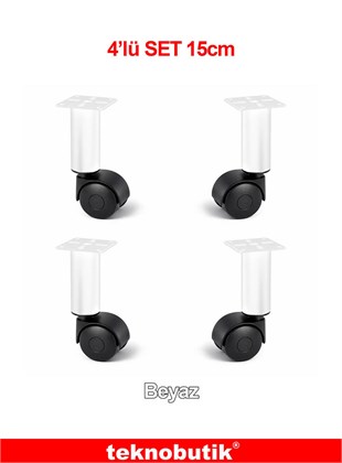 4 Adet 15cm Ø32mm Beyaz Metal Gövdeli Plastik Tekerlekli Sehpa Ayagi