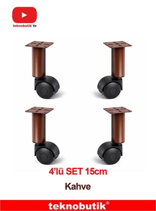 4 Adet 15cm Ø32mm Kahverengi Metal Gövdeli Plastik Tekerlekli Sehpa Ayağı