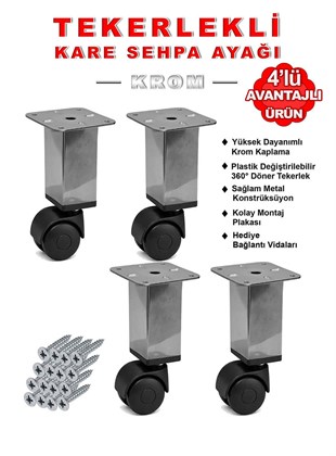 4 Adet 15cm Boy Krom Kare Plastik Tekerlekli Mobilya Sehpa Ayağı