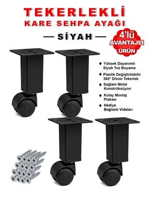 4 Adet 15cm Boy Siyah Kare Plastik Tekerlekli Mobilya Sehpa Ayağı