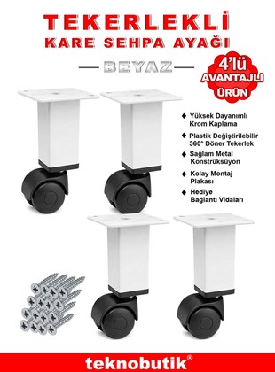 4 Adet Beyaz Kare Plastik Tekerlekli Mobilya Sehpa Ayağı Teknobutik.com'da