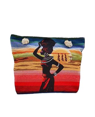 Afrikalı Kadın Desenli Goblen Dokuma Plaj Çantası