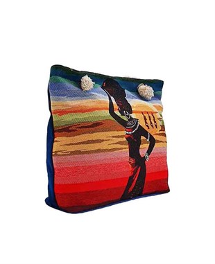 Afrikalı Kadın Desenli Goblen Dokuma Plaj Çantası