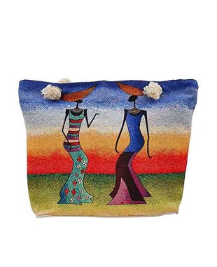 Afrikalı Kadınlar Desenli  Goblen Dokuma Plaj Çantası