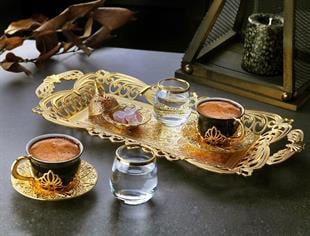 Ahu İkili Sunum Tepsili Siyah Kahve Takımı 11 Parça-Altın