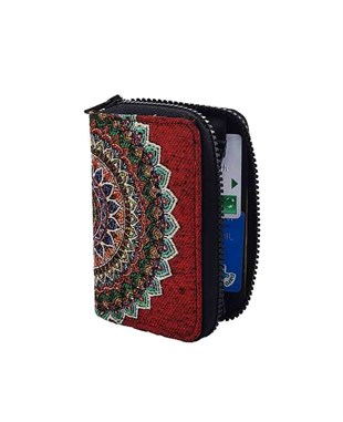 Bordo Tonlu Osmanlı Motifli Çok Fonksiyonlu Dokuma El Cüzdanı
