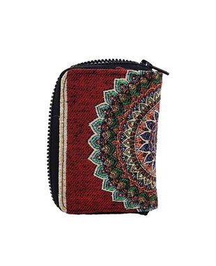 Bordo Tonlu Osmanlı Motifli Çok Fonksiyonlu Dokuma El Cüzdanı
