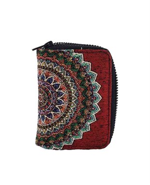 Bordo Tonlu Osmanlı Motifli Çok Fonksiyonlu Dokuma El Cüzdanı