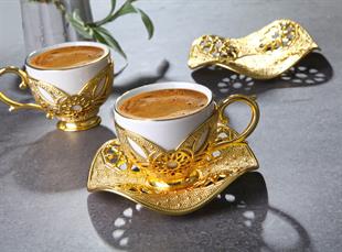 Busem Eylül Beyaz Porselenli Kahve Seti 18 Parça-Altın