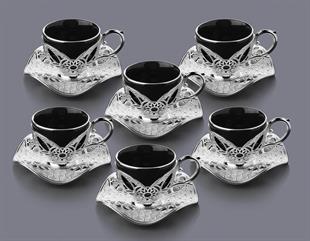 Busem Eylül Siyah Porselenli Kahve Seti 18 Parça-Nikel