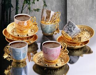 Busem Lal Desenli Mix Kahve Seti 18 Parça-Altın