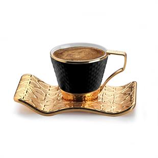 Busem Selçuklu Tırtıklı Siyah Kahve Seti-Altın