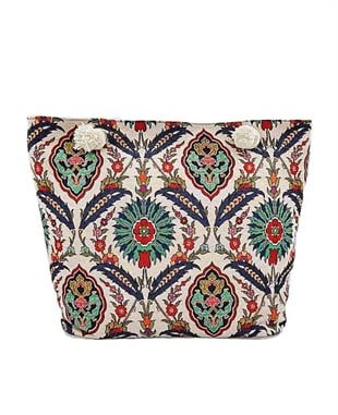 Çiçek Detaylı Osmanlı Motifli Goblen Dokum Plaj Çantası