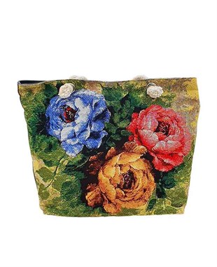 Çiçekler Desenli Goblen Dokum Plaj Çantası