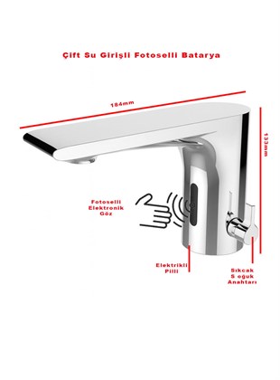 Elallar Çift Su Girişli Fotoselli Pilli Elektrikli Lavabo Bataryası