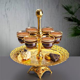 İki Katlı Tepsili Cam Mırra Seti-Nikel