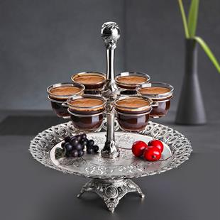 İki Katlı Tepsili Cam Mırra Seti-Nikel