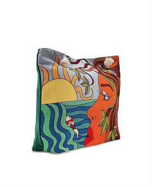 Kadın ve Güneş Mandala Goblen Dokuma Plaj Çantası