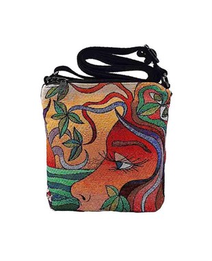 Kadın ve Güneş Mandala Desenli Goblen Dokuma Postacı Çantası