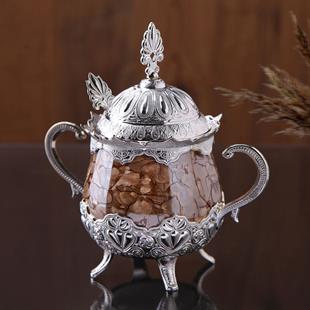 Kahverengi Desenli Porselenli Yuvarlak Şekerlik-Nikel