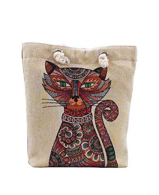 Kedi Desenli Goblen Dokuma Heybe Çanta
