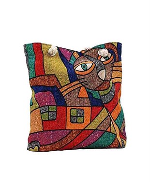 Kedi Desenli Mandala Goblen Dokuma Heybe Çanta