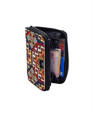 Kilim Desenli Goblen Dokuma Çok Fonksiyonlu Fermuarlı Cüzdan