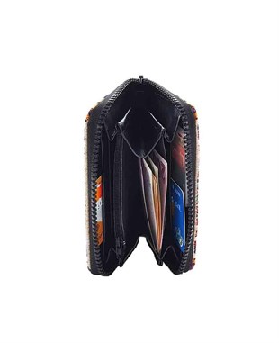 Kilim Desenli Goblen Dokuma Çok Fonksiyonlu Fermuarlı Cüzdan