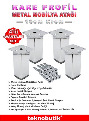 Krom 10cm Metal Kare Profil Baza Kanepe Dolap Ayağı 4 Adet Teknobutik.com'da