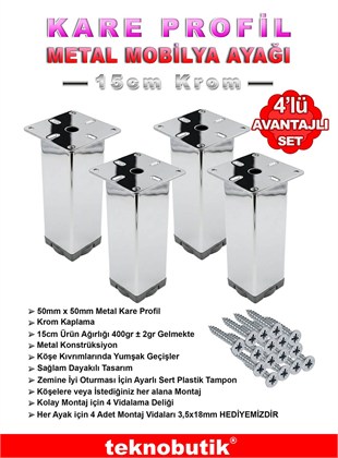 Krom 15cm Metal Kare Profil Baza Kanepe Dolap Ayağı 4 Adet Teknobutik.com'da