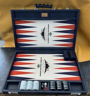 Lacivert Zemin Turuncu Krem Üçgen Suni Deri El Yapımı Tavla