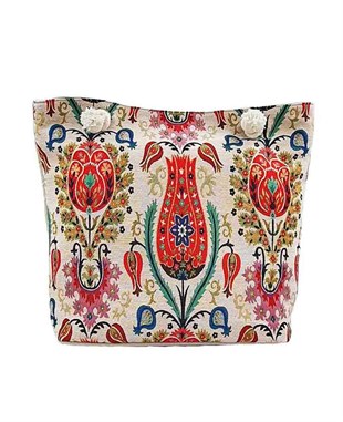 Lale Desenli Goblen Dokuma Plaj Çantası