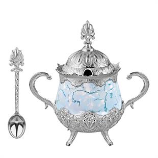 Mavi Desenli Porselenli Yuvarlak Şekerlik-Nikel
