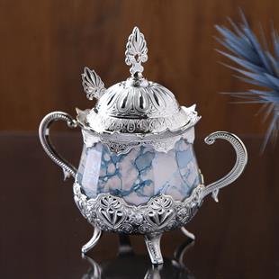 Mavi Desenli Porselenli Yuvarlak Şekerlik-Nikel