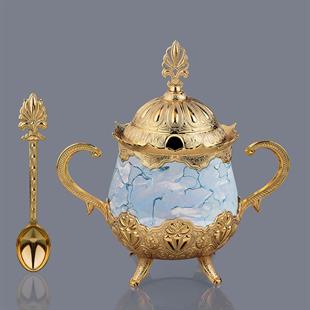 Mavi Desenli Porselenli Yuvarlak Şekerlik-Altın