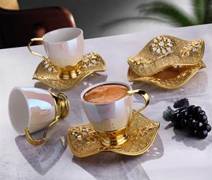 Nisa İnci Desenli Kahve Seti-Altın Teknobutik.com'da