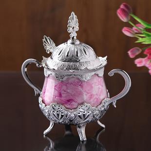 Pembe Desenli Porselenli Yuvarlak Şekerlik-Nikel