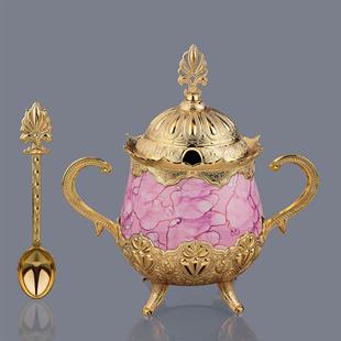 Pembe Desenli Porselenli Yuvarlak Şekerlik-Altın