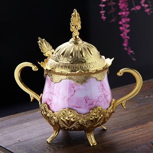 Pembe Desenli Porselenli Yuvarlak Şekerlik-Altın