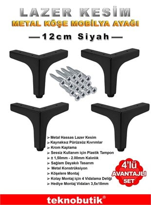 Siyah 12cm Köşe Lazer Kesim Baza Kanepe Dolap Ayağı 4 Adet Teknobutik.com'da
