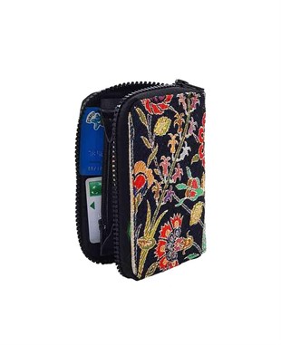 Siyah  ve Renkli Çiçek Desenli Çok Fonksiyonlu El Cüzdanı
