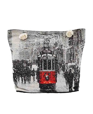Taskim Tranvay Desenli Goblen Dokuma Plaj Çantası