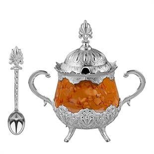 Turuncu Desenli Porselenli Yuvarlak Şekerlik-Nikel