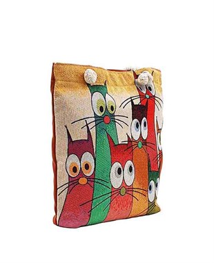 Yedi Kedili Baskılı Goblen Dokuma Heybe Çanta