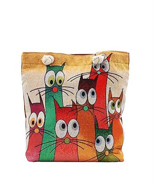 Yedi Kedili Baskılı Goblen Dokuma Heybe Çanta