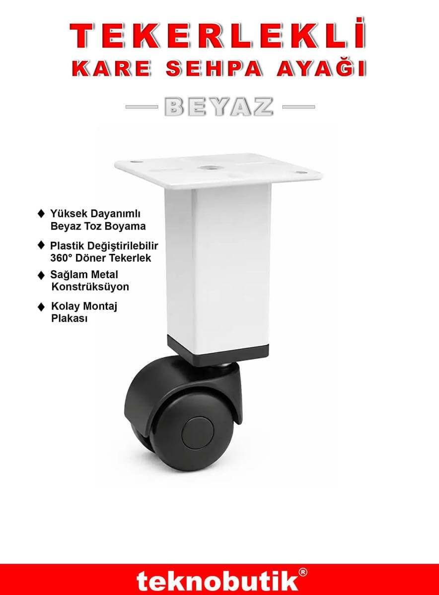 1 Adet 15cm Boy Beyaz Kare Plastik Tekerlekli Mobilya Sehpa Ayağı Teknobutik.com'da