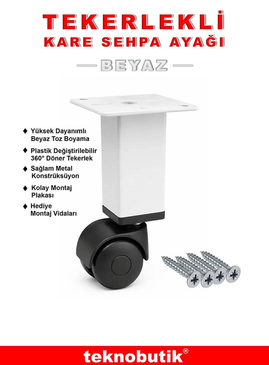 15cm Boy Beyaz Kare Metal Gövdeli Plastik Tekerlekli Mobilya Sehpa Ayağı Teknobutik.com'da