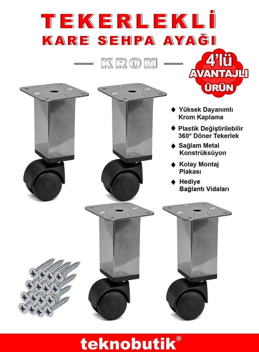4 Adet 15cm Boy Krom Kare Plastik Tekerlekli Mobilya Sehpa Ayağı Teknobutik.com'da