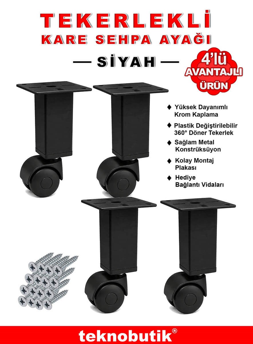 4 Adet 15cm Boy Siyah Kare Plastik Tekerlekli Mobilya Sehpa Ayağı Teknobutik.com'da