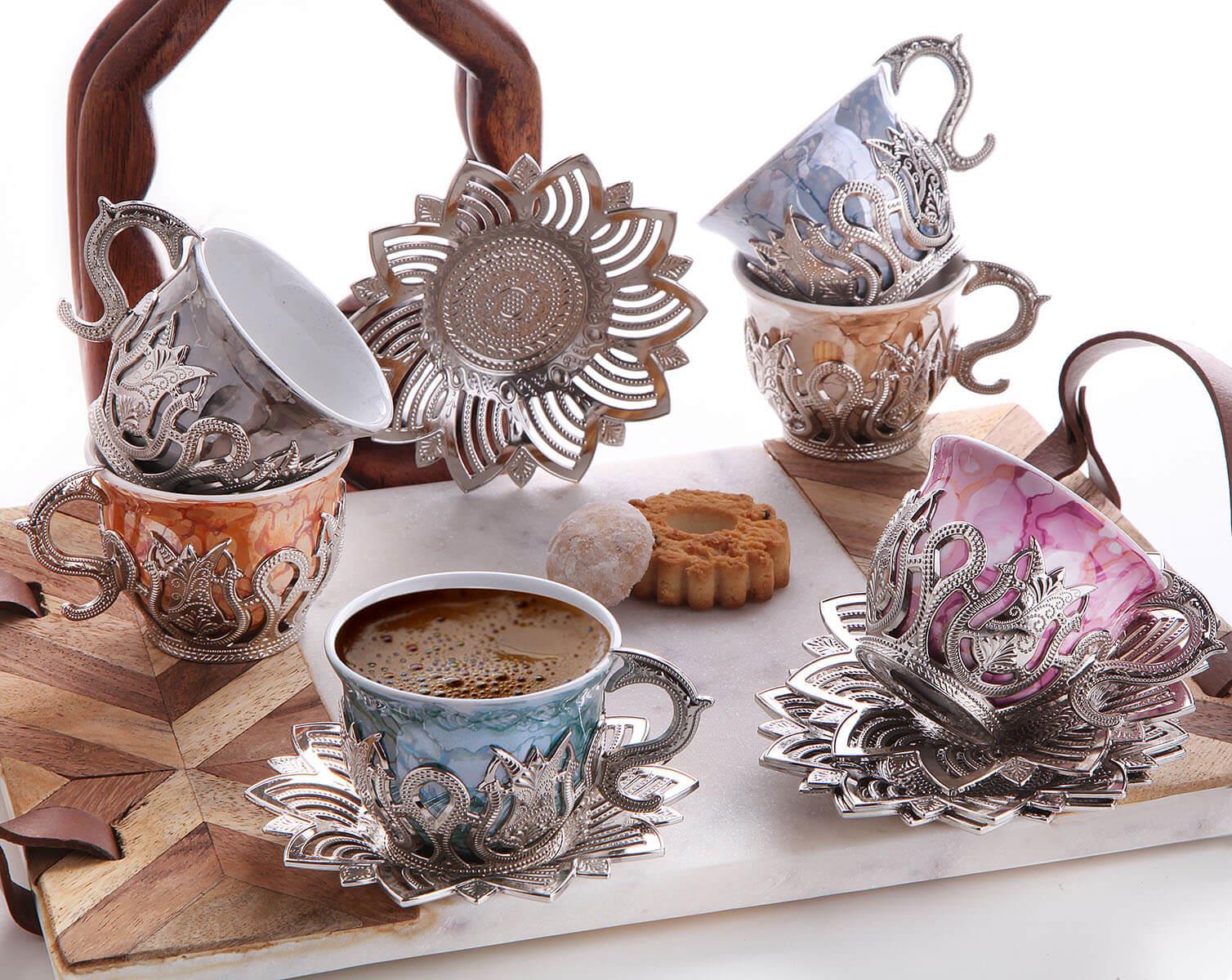 Ahsen Tiryaki Desenli Mix Kahve Seti 18 Parça-Nikel Teknobutik.com'da